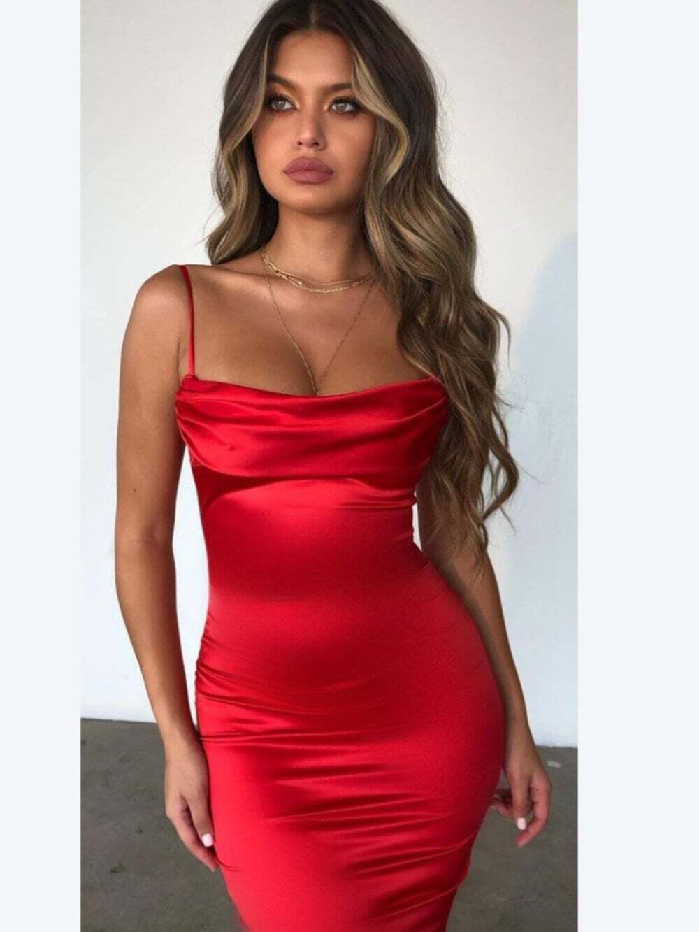 Oh Polly Satin Cowl Neck Bodycon Midi Dress Red Size 6